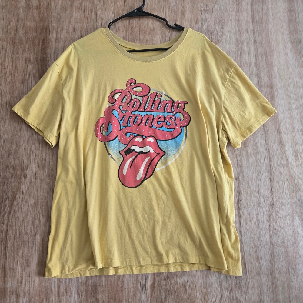 Rolling Stones Graphic Tee Yellow Rhinestone Logo 3XL Roc And Roll Music Classic